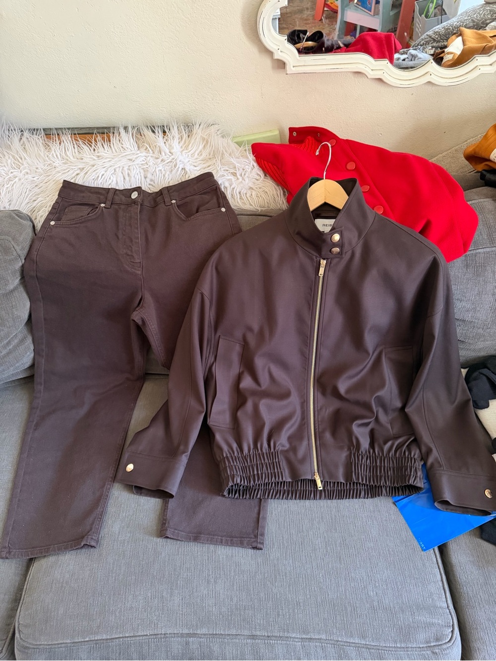 Reiss Dark Brown Bomber Jacket and matching jeans size 28r nwot bundle 🍂🍃🍁 - Picture 10 of 15
